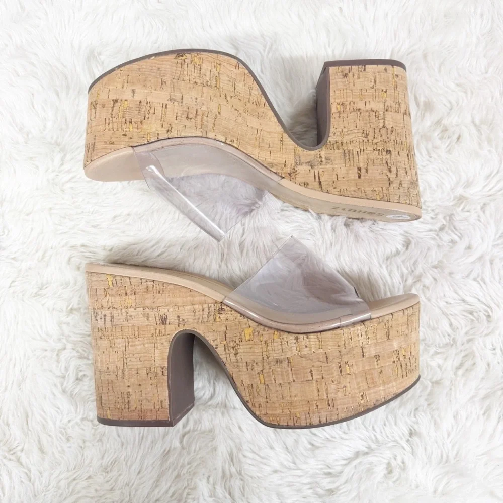SCHUTZ Dalle Clear Cork Platform Sandal Size‎ 10.5 Chunky Heel Peep Toe Y2K